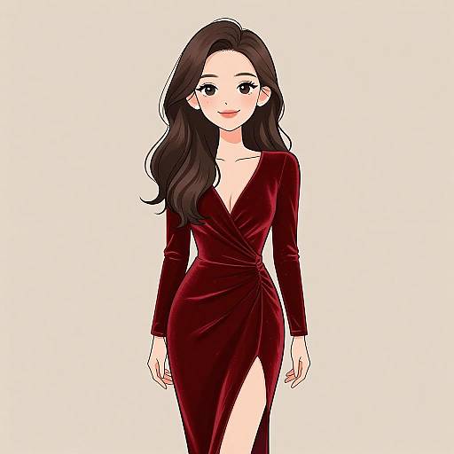 Digital anime-style drawing of a smiling woman with long black hair, wearing a deep red, V-neck, long-sleeve, high-slitted dress