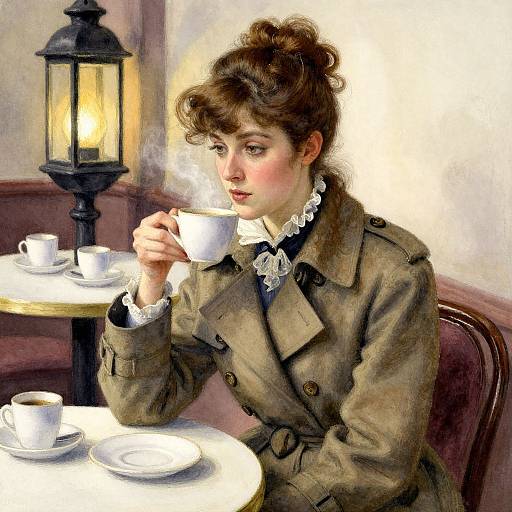 Oil painting of a Victorian woman with curly brown hair, wearing a beige coat and lace collar, sipping tea in a warmly lit café.