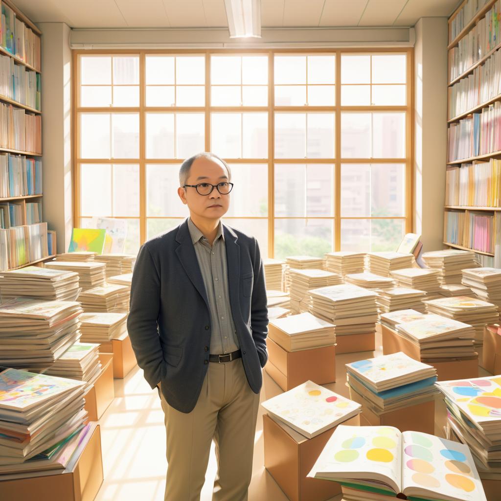 Melancholic Teacher in Colorful Classroom