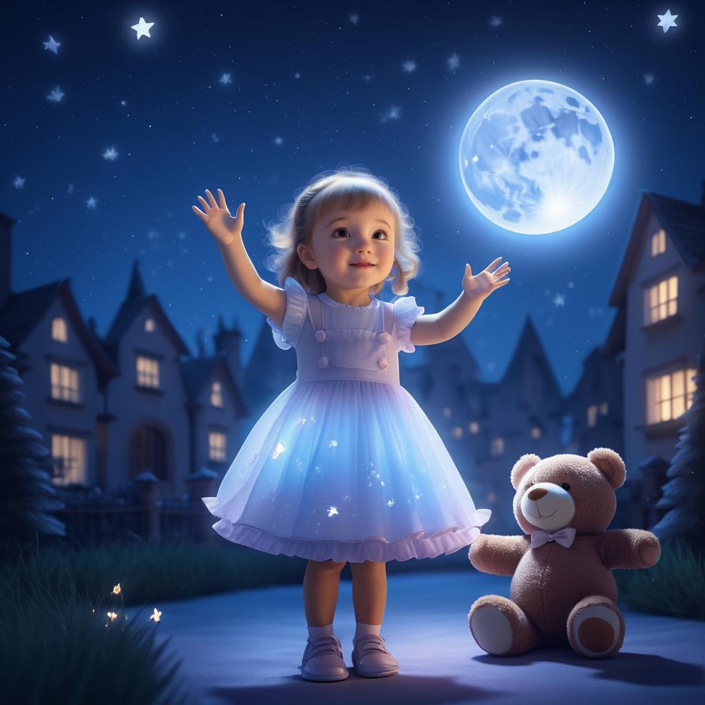 Joyful Girl with Teddy Bear in Moonlight