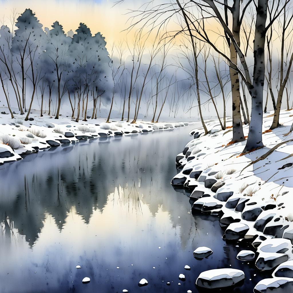 Serene Willow Riverbank in Winter Fog