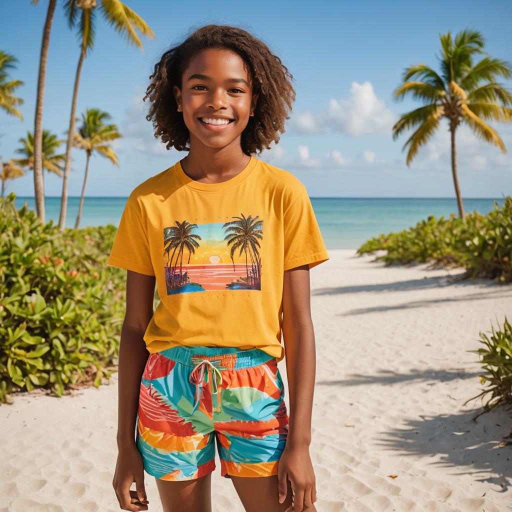 Cheerful Teen in Vibrant Beach Outfit