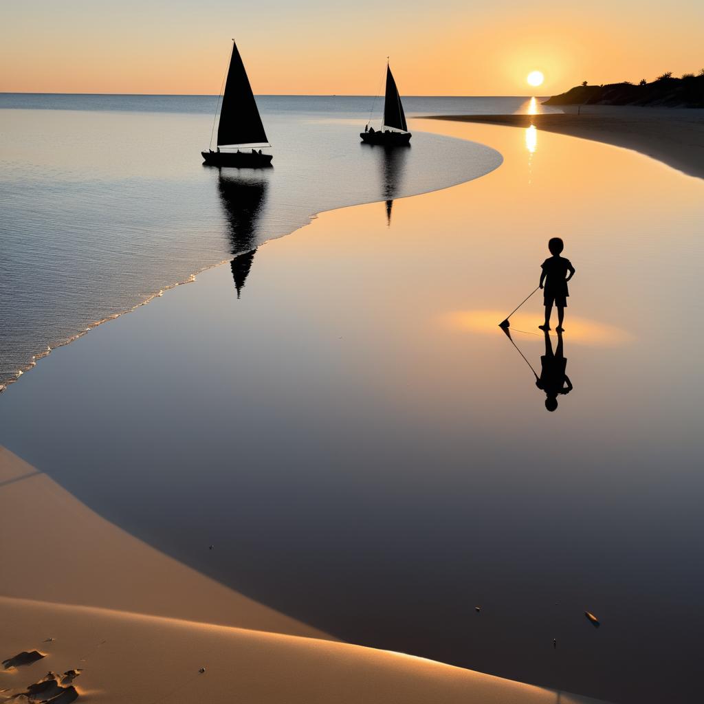 Sailboat at Sunrise with Child Building Sandcastle