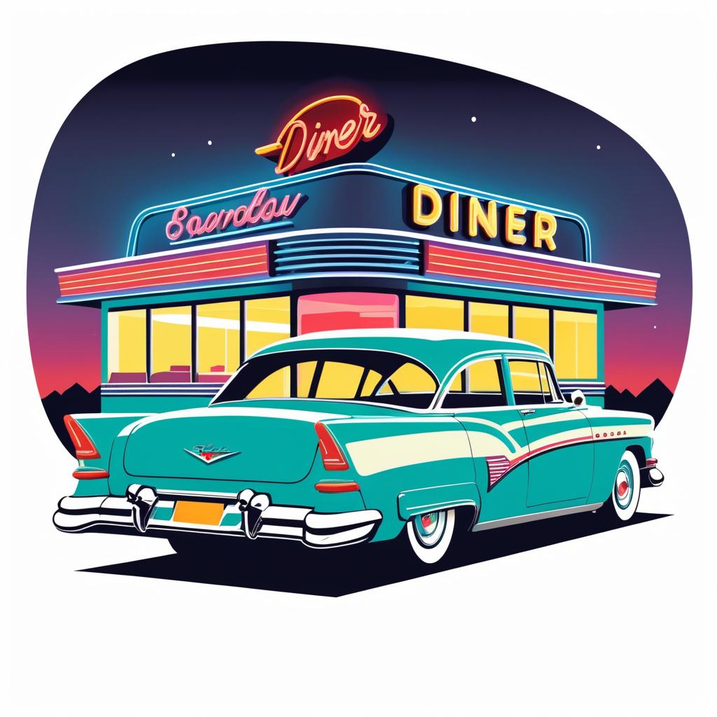 Retro 1950s Sedan with Neon Diner Design