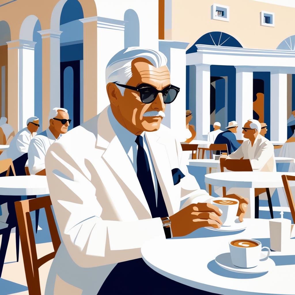 Stylish Older Man in Greek-Inspired Cafe