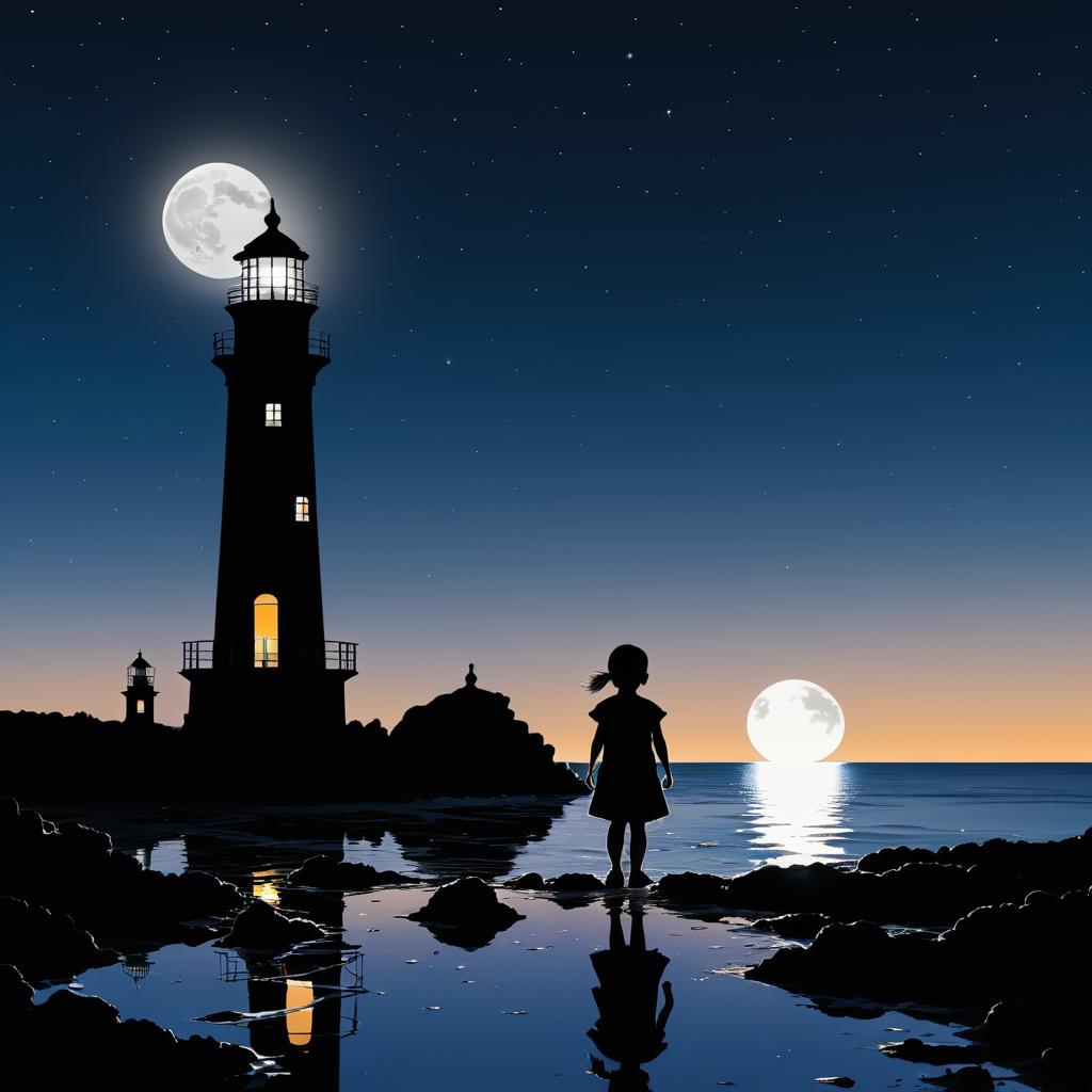 Lighthouse and Child at Moonlit Beach