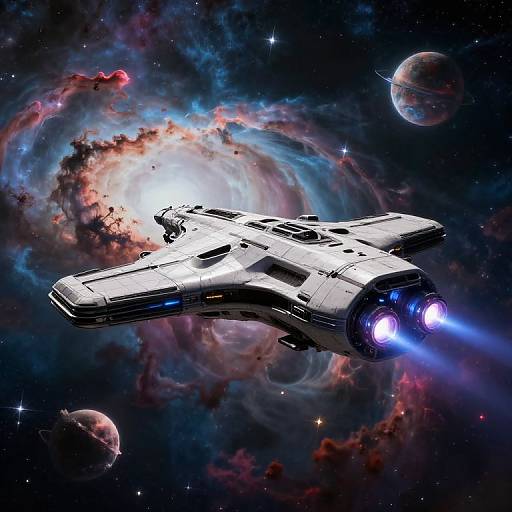 Sci-Fi Spaceship Exploring Colorful Nebulae