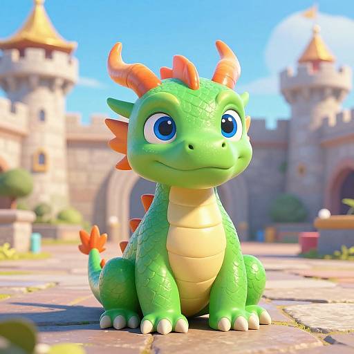 Friendly 3D Cartoon Dragon in Castle Courtyard