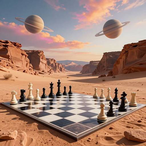 Photorealistic CGI of a chessboard on sandy desert landscape with two floating Saturn-like planets in a pink and orange sky.