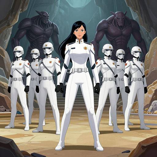 Futuristic Commander Leading Soldiers in Cave