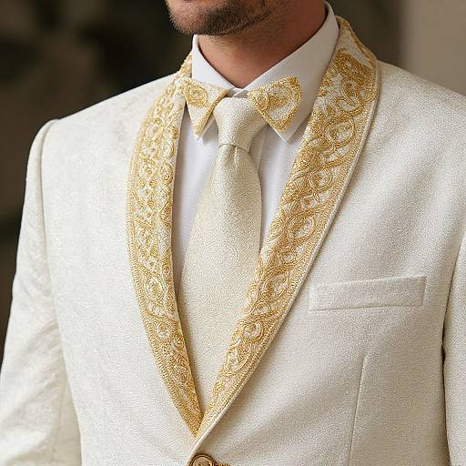 Photograph of a man's chest and neck, wearing an ornate white suit with gold embroidery, white shirt, and matching gold tie.