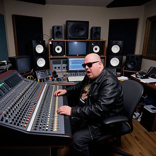 Intense Music Producer in Cluttered Studio