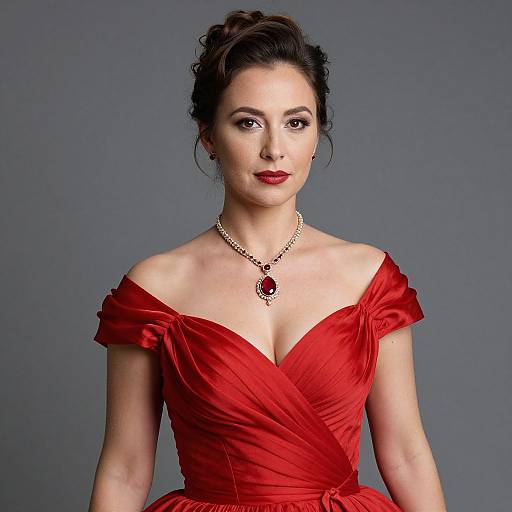 Photograph of a fair-skinned woman with dark hair in an updo, wearing a red off-shoulder dress and a jeweled necklace,