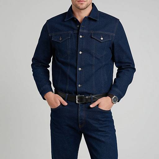 Photograph of a handsome, bearded man in a dark blue denim shirt and pants, hands in pockets, white background.