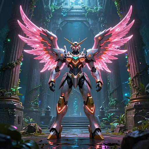 Digital artwork of a glowing, pink-winged robotic warrior in a luminous, ancient temple with blue lighting, surrounded by vines and columns.