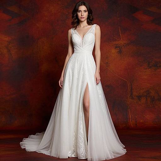 Photograph of a dark-haired woman in a white, lace-embellished, V-neck, sleeveless wedding gown with a thigh-high slit,