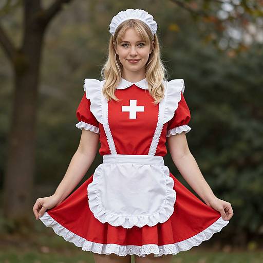Photograph of a blonde woman in a red and white French maid costume with a white apron and headpiece, smiling, standing in a blurred forest
