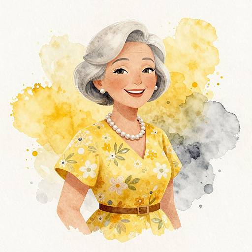 Joyful Elderly Woman Watercolor Portrait