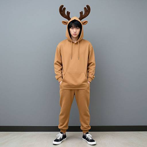 Photograph of an Asian man in a brown deer hoodie with antlers, hands in pockets, black sneakers, standing against a gray wall.