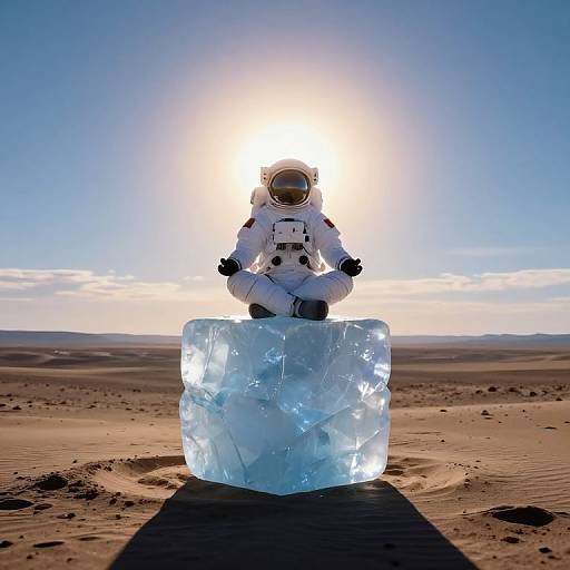 Photograph of an astronaut in a white spacesuit sitting cross-legged on a glowing blue ice cube in a desert, with a bright sun behind.