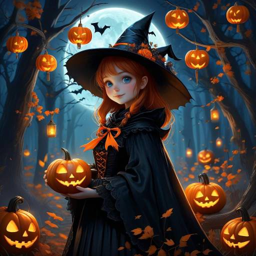 Whimsical Halloween Witch in Moonlit Forest