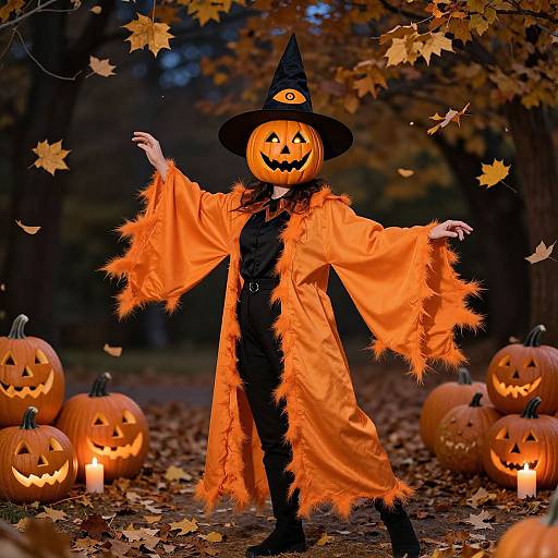 Vibrant Halloween Costume with Jack-o'-Lantern Mask