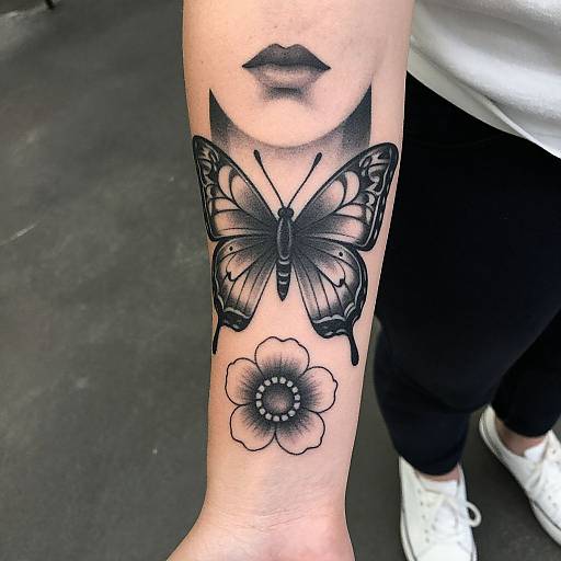 Black tattoo of a butterfly above a flower with a detailed center, and a shaded face with lips on a forearm. Background: dark floor, white shoe