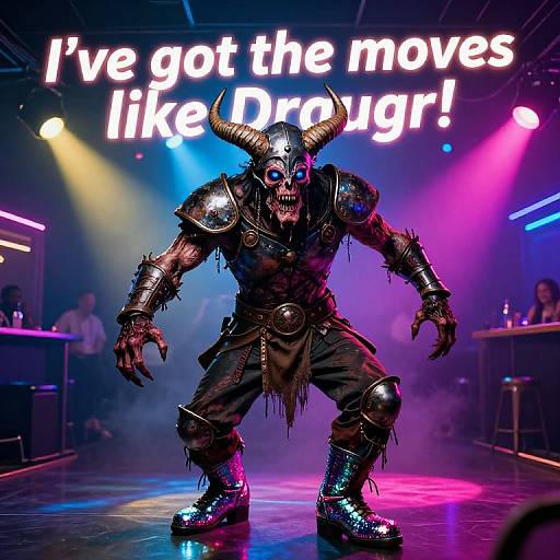 Photograph of a fierce, horned, armored demon dancer under colorful stage lights, with 