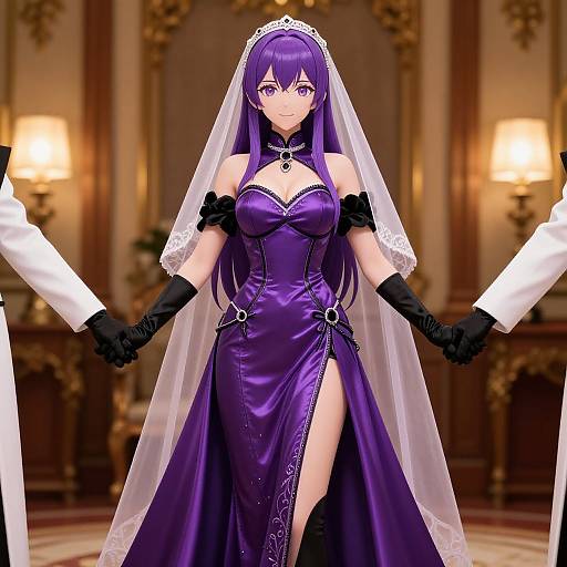 Digital anime-style drawing of a purple-haired, violet-eyed bride in a revealing, strapless, purple dress with a veil, black gloves, and thigh