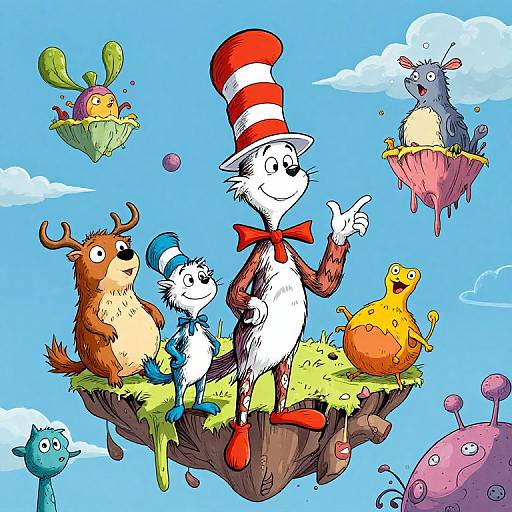 Colorful cartoon of Dr. Seuss's characters on floating islands: Dr. Seuss in red hat, bowtie, white fur, surrounded by
