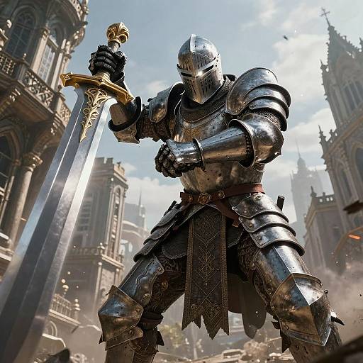 Photorealistic CGI of a medieval knight in shiny silver armor, holding a sword with a golden hilt, in a bustling, sunlit, go