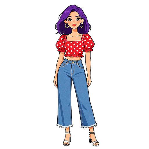 Digital illustration of a young woman with purple hair, red polka dot crop top, blue high-waisted jeans, and white heels.