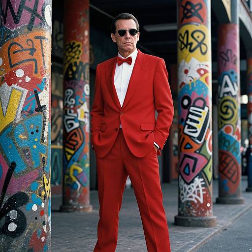 Photograph of a confident man in a vibrant red suit, white shirt, and black sunglasses, standing amidst colorful graffiti-covered columns.