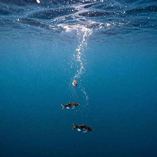 Photograph of three dolphins swimming underwater, illuminated by sunlight from above, surrounded by clear, deep blue ocean water.