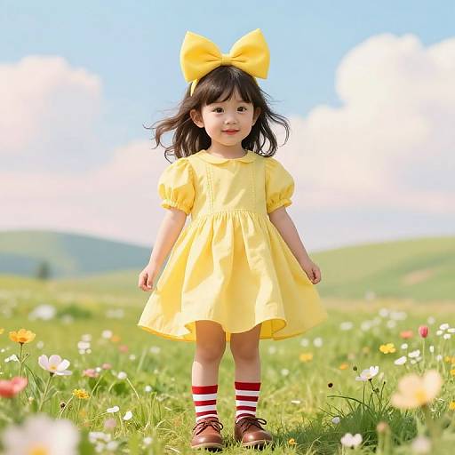 Photograph of a young Asian girl with black hair, wearing a yellow dress, large yellow bow, red-and-white striped socks, and brown shoes,