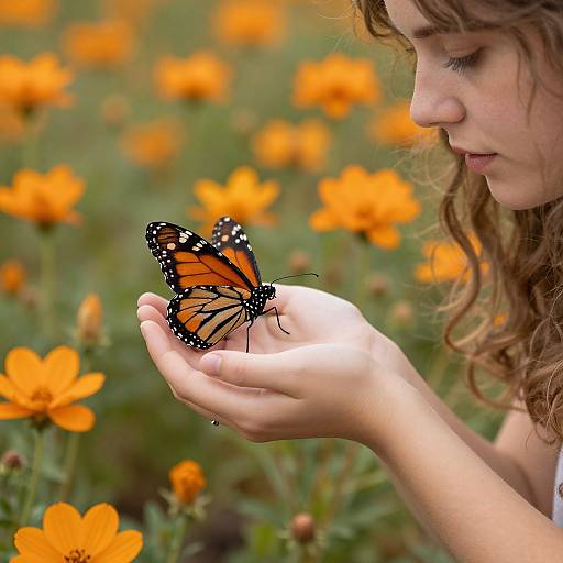 Young woman with curly brown hair gently holds an orange and black monarch butterfly amidst a vibrant field of orange flowers. Photograph.