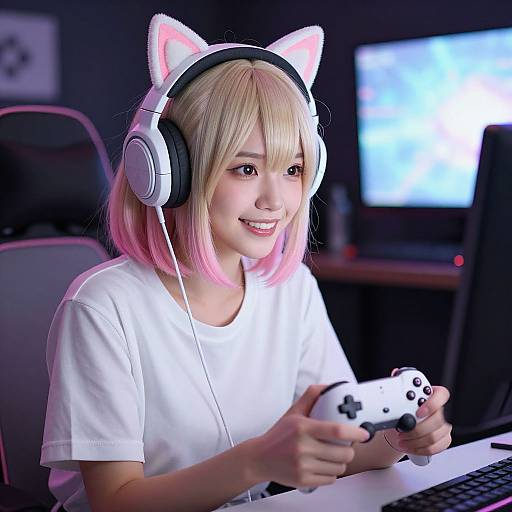 Photograph of a smiling young woman with blonde and pink hair, cat ear headphones, white t-shirt, holding a gaming controller, in a dark room