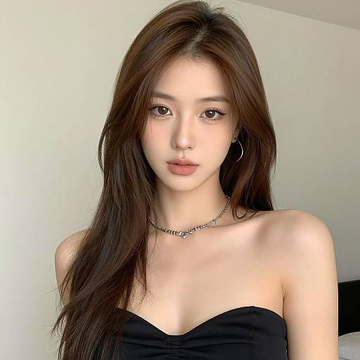 Photograph of an East Asian woman with long, straight brown hair, wearing a black strapless top and silver necklace, against a plain white background.