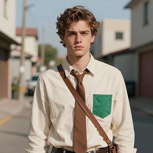 Young Man in Cream Shirt with Brown Tie