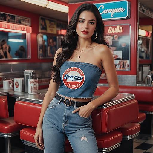 Woman in Denim Tube Top at Retro Diner