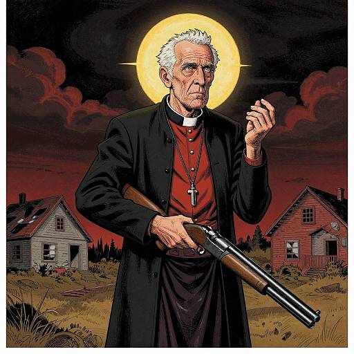 Digital artwork of an elderly white priest with white hair, black robe, red shirt, crucifix, and revolver, haloed by a glowing moon,