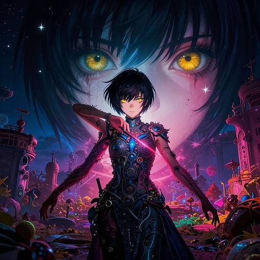 Digital art: Dark-haired woman with glowing yellow eyes, neon-lit cyberpunk cityscape, and giant eyes in the background. Intricate black armor