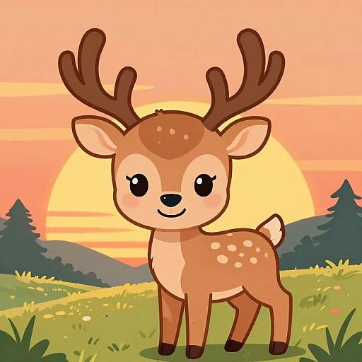 Cartoon Baby Deer at Sunrise