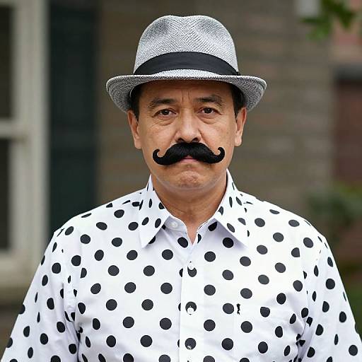 Photograph of a middle-aged Asian man with a silver fedora, black mustache, and white polka-dot shirt, standing outdoors.