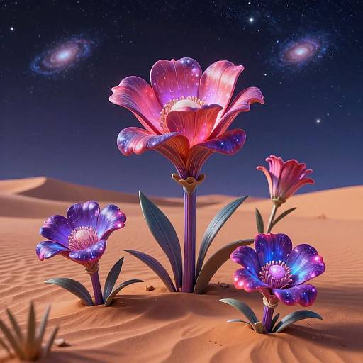 Glowing, neon-colored flowers with vibrant pink, blue, and purple petals bloom in a starry, desert night sky with sand dunes.