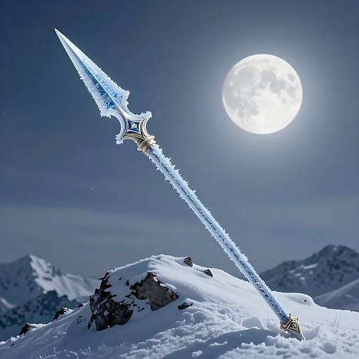 Photograph of an icy, glowing, ornate sword stuck in a snow-covered mountain peak under a bright full moon in a clear night sky.