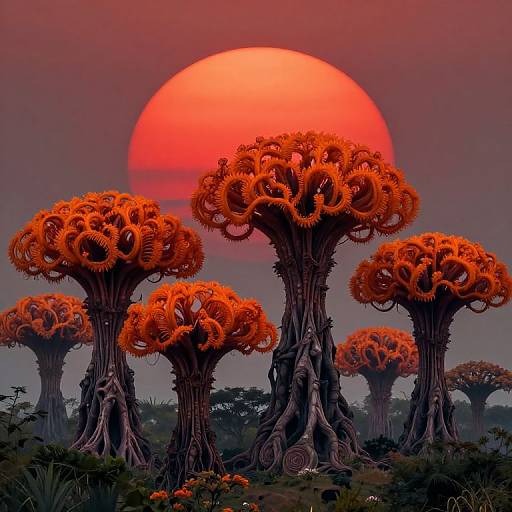 Digital artwork of surreal, orange, mushroom-like trees with intricate, spiral foliage, set against a glowing red sunset, surrounded by dark, misty forest