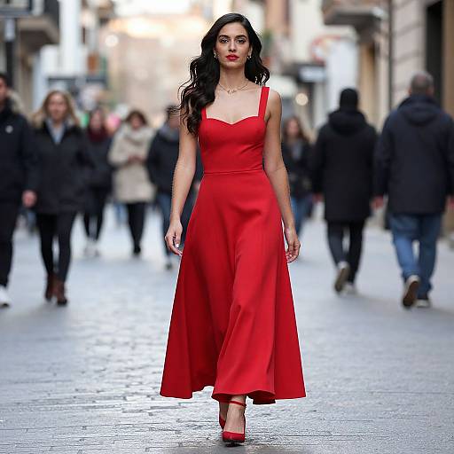 Photograph of a confident woman in a vibrant red, sleeveless, floor-length dress and red heels, walking down a blurred city street with pedestrians in