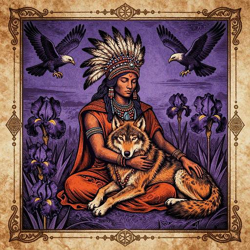 Mystical Shaman with Wolf Linocut