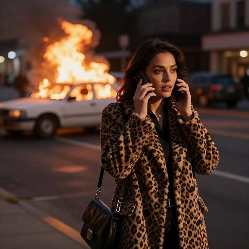 Woman in Leopard Coat by Burning Car